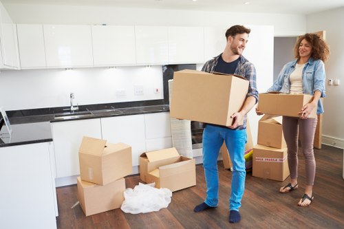 Boxes, furniture protection, and moving equipment prepared for a Hornsey house move